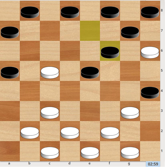 1. g3-f4 e5xg3 2. c5-d6 d8-e7 (2... D8-C7 3.H2X; 2... H2 3.E7X; ) 3. b2-a3 e7xc5 4. c3-b4 x