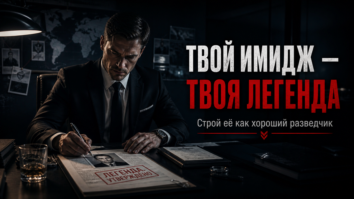 Мужчина в костюме за столом с досье на себя, как в штаб-квартире разведки.