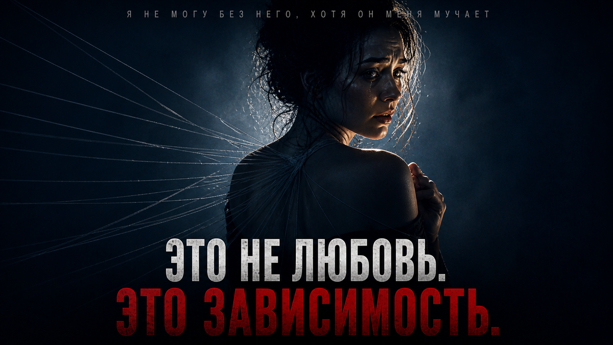 Женщина оборачивается через плечо, от её спины тянутся прозрачные нити в темноту.