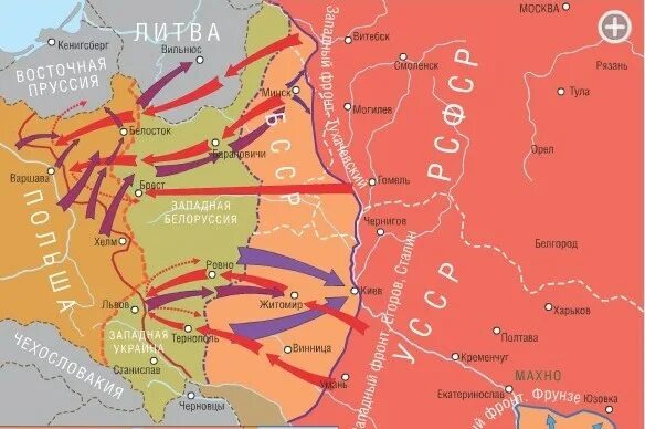 Карта Советско-польской войны. Территории, покрашенные оранжевым цветом - то, что удалось присоединить к Советскому государству по итогам войны.