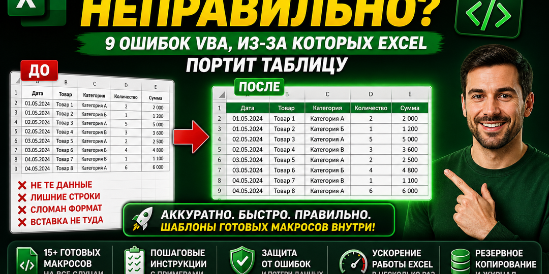Макрос копирует данные неправильно в Excel — 9 ошибок VBA и решения