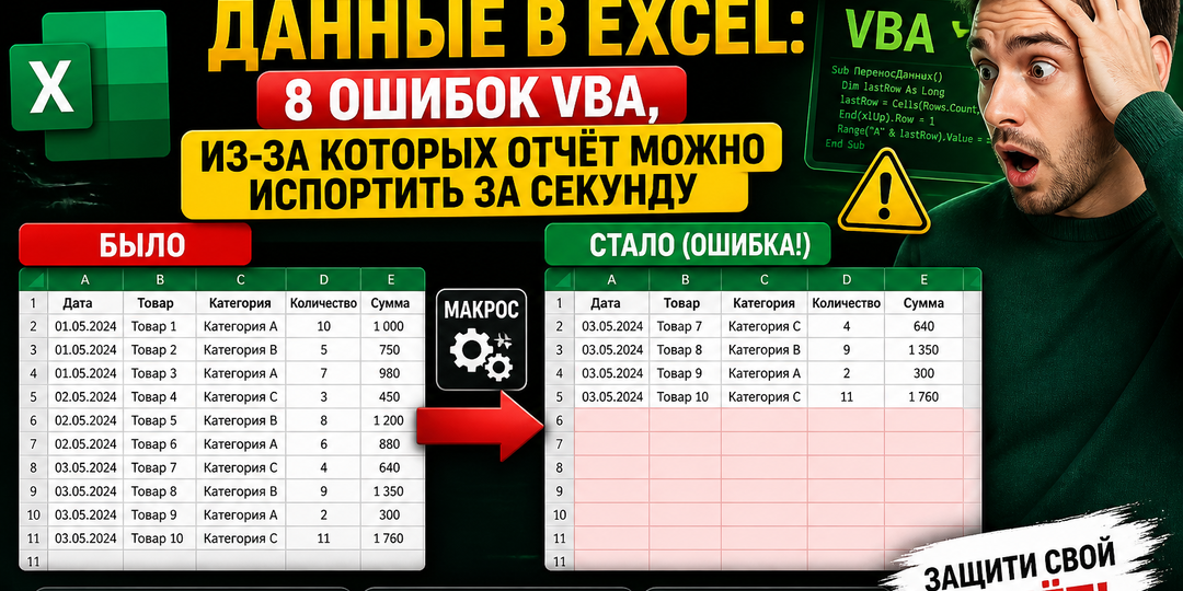Макрос перезаписывает данные в Excel — 8 ошибок VBA и безопасное решение