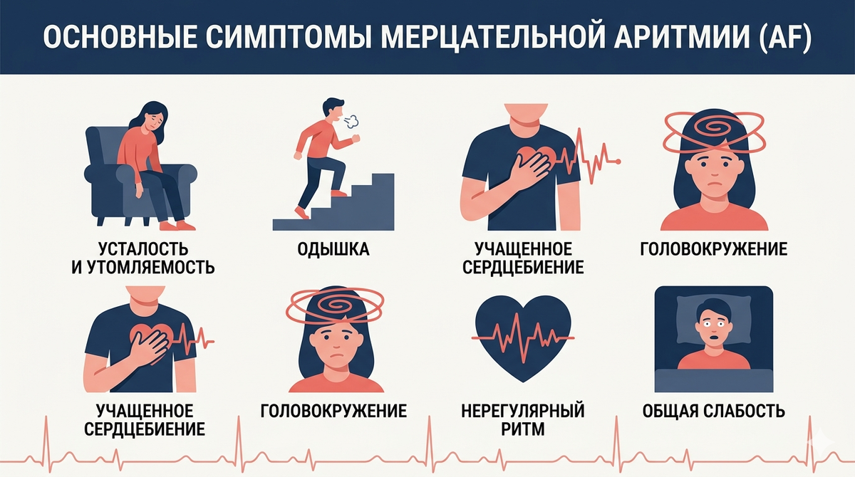 Основные симптомы мерцательной аритмии
