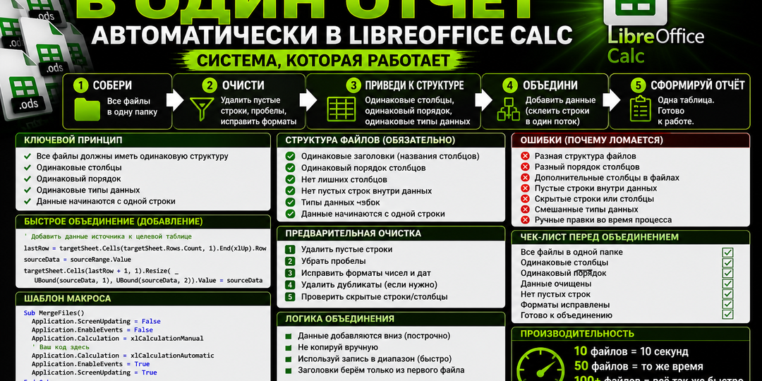 Как объединить несколько файлов в один в LibreOffice Calc автоматически