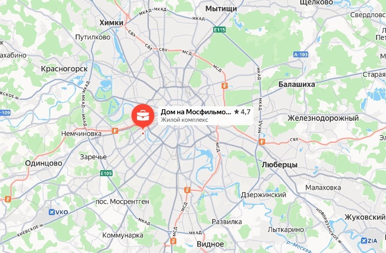    Расположение ЖК «Дом на Мосфильмовской», Яндекс-карты.