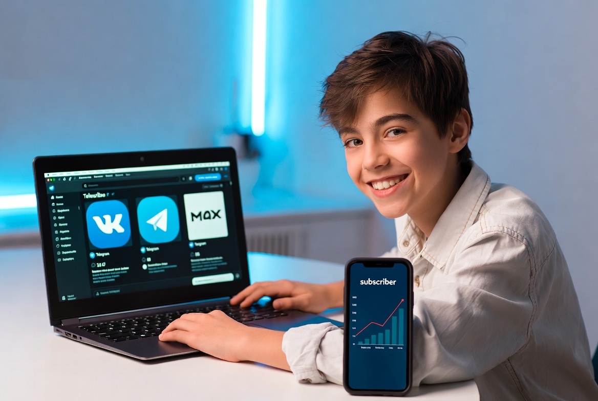Человек перед ноутбуком, вокруг иконки соцсетей (VK, Telegram, MAX), в руке — телефон с растущим графиком подписчиков.