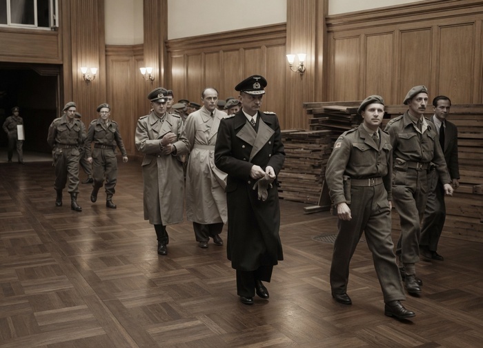 Дёниц на встрече с Гитлером в его бункере, 1945. Три члена Фленсбургского правительства: Альфред Йодль, Альберт Шпеер и Карл Дёниц после их ареста 23 мая 1945 г.