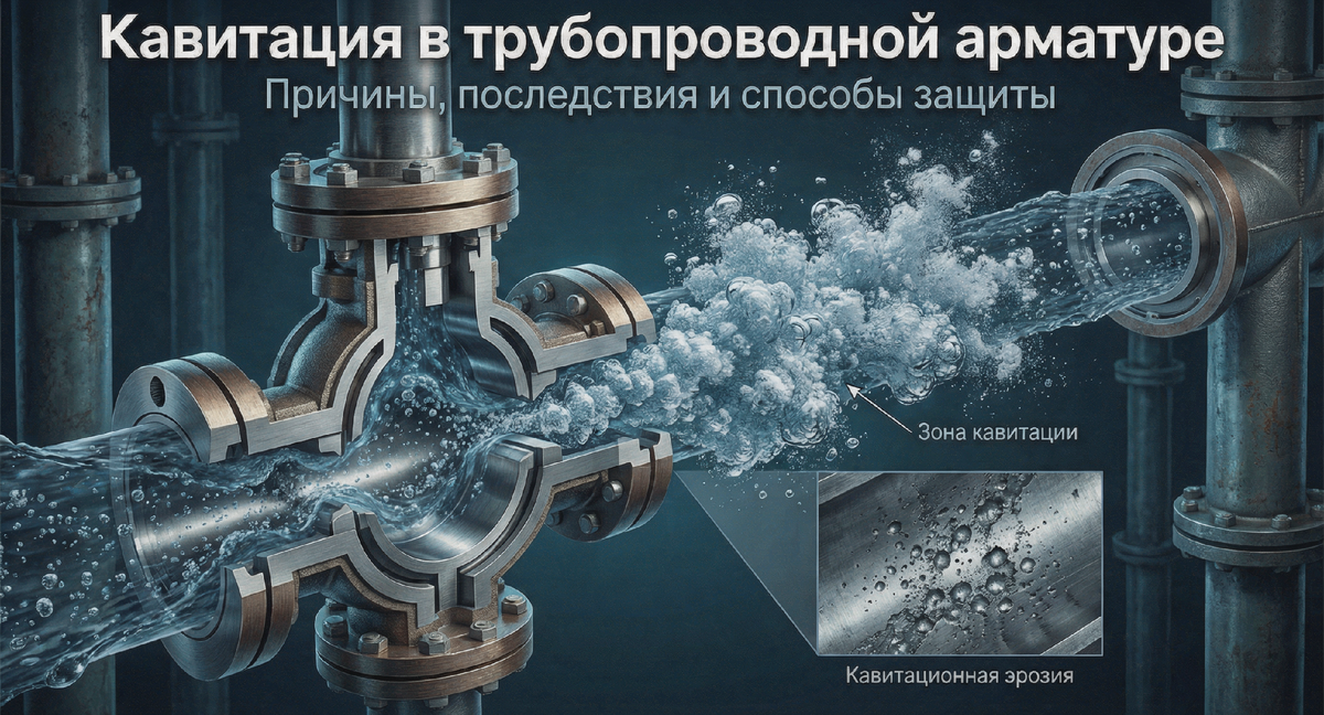 Кавитация в трубопроводной арматуре — это физическое явление, связанное с образованием в жидкости пузырьков или полостей, заполненных паром, газом или их смесью, которое возникает при локальном понижении давления в потоке.