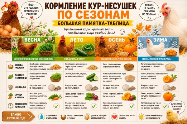 Большая памятка-таблица кормления несушек по сезонам, чтобы яйца были, а куры не смотрели на вас с укором 📅😮🐔
