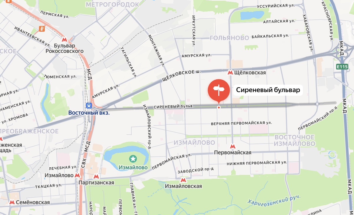 Сиреневый бульвар на современной карте Москвы. Яндекс.Карты.