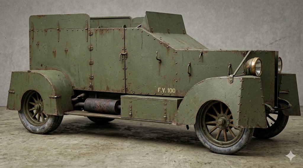 Бронеавтомобиль De Dion Bouton собственной персоной. Фотография обработана и раскрашена нейросетью. 