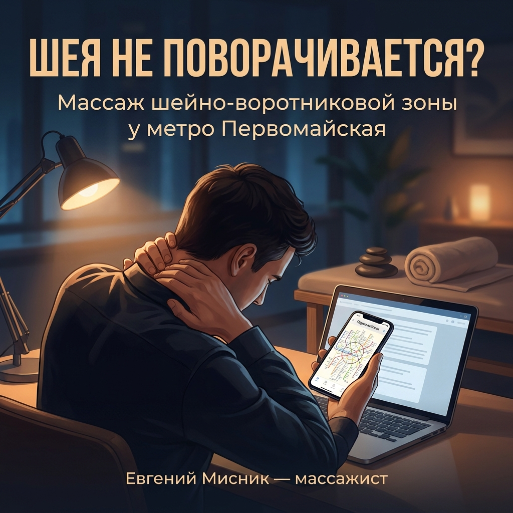 Массаж шейно-воротниковой зоны у метро Первомайская. Массажист Евгений Мисник. Снятие тяжести в шее, ясность ума, здоровый сон. Скидка 15% на первый сеанс.