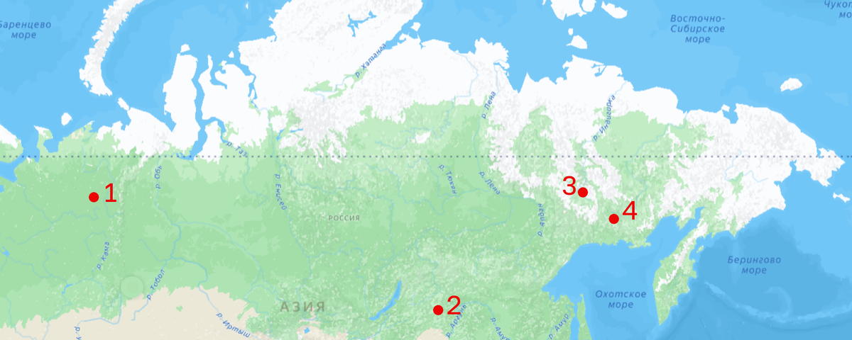 1 — точка отправления груза, 2 — где стоял водитель на самом деле,  3 — где водитель утверждал, что ждет запчастей, 4 — точка назначения груза