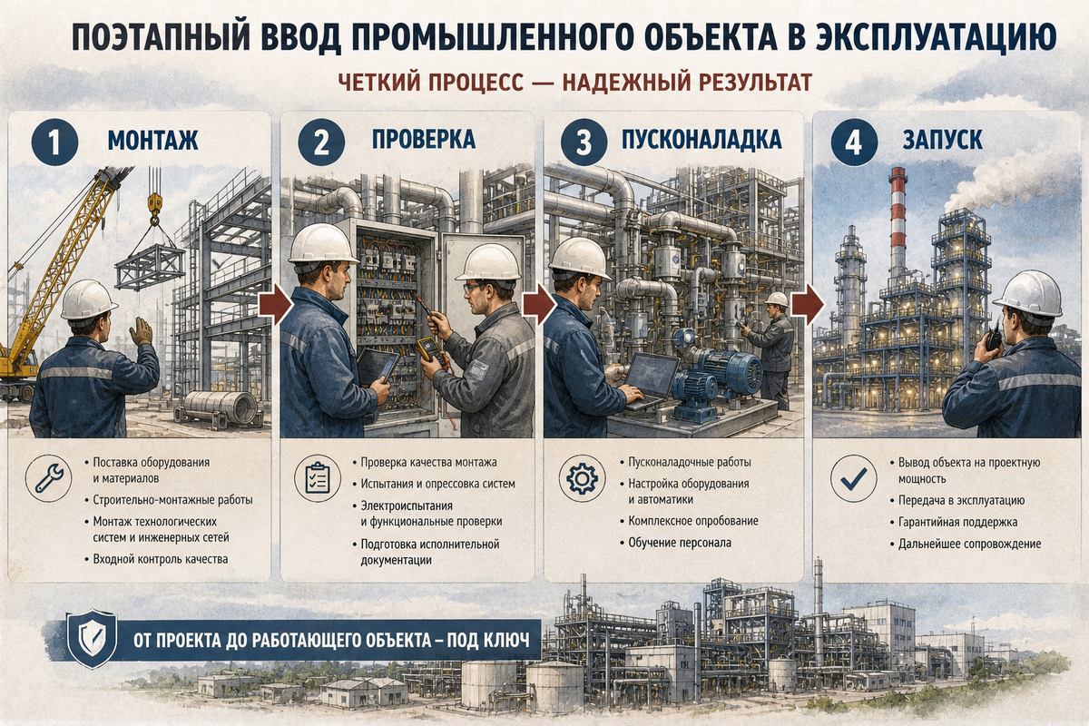 Инфографика «Поэтапный ввод промышленного объекта в эксплуатацию» наглядно показывает ключевые этапы от монтажа до запуска крупного производственного комплекса.