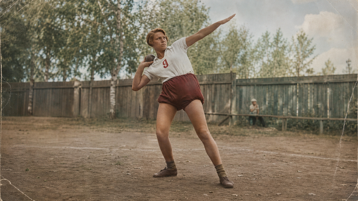 Середина 1930-х годов, Ивантеевка, легкоатлетка Червякова застыла в красивой фазе толкания ядра.