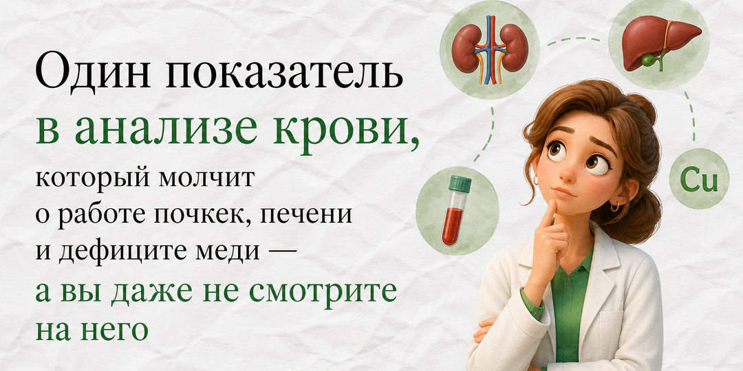 Один показатель в анализе крови, который молчит о работе почкек, печени и дефиците меди — а вы даже не смотрите на него