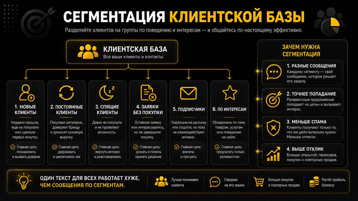Сегментация помогает отправлять разные сообщения разным группам клиентов
