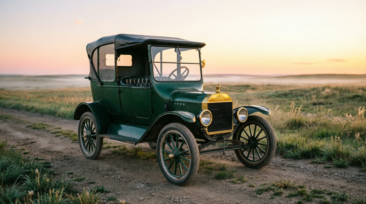 Одиночный новенький Ford Model T 1908 года темно-зеленого цвета