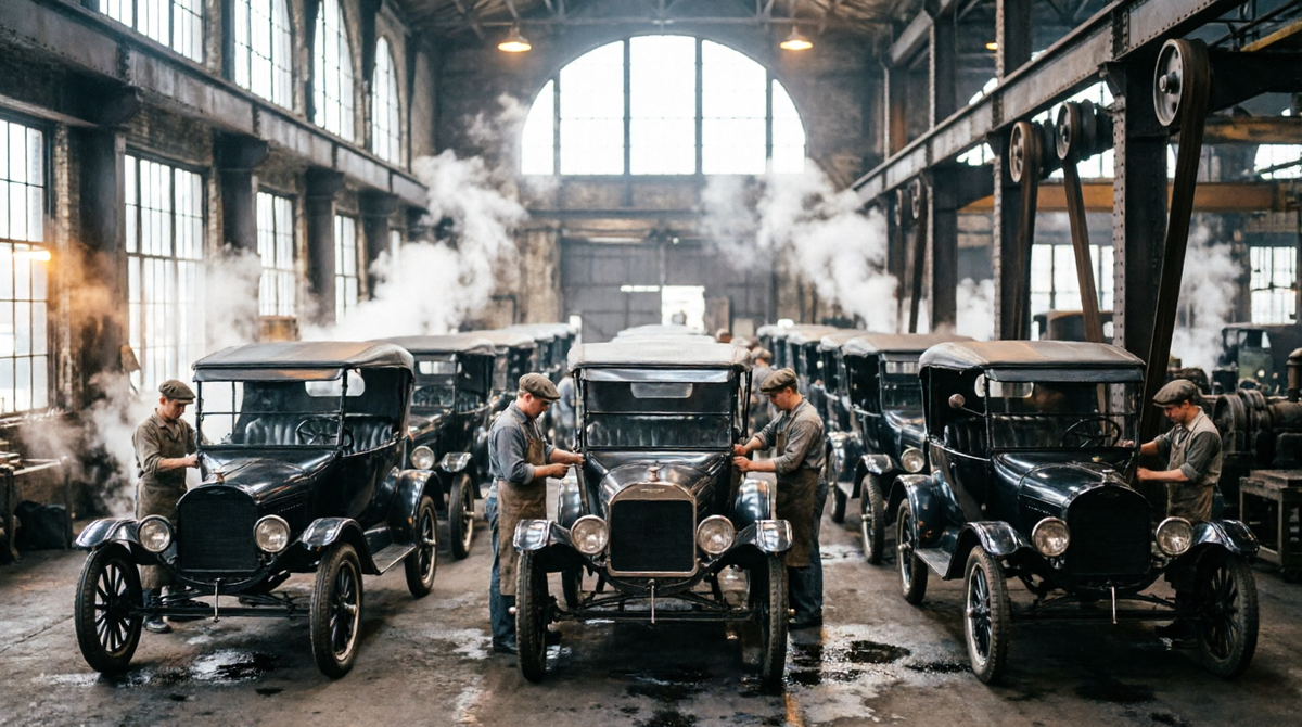 Сцена сборочной линии Ford Highland Park 1914 года
