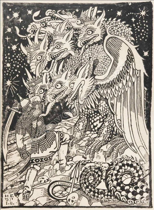 Иван Билибин «Битва русского богатыря со Змеем-Горынычем», 1931.