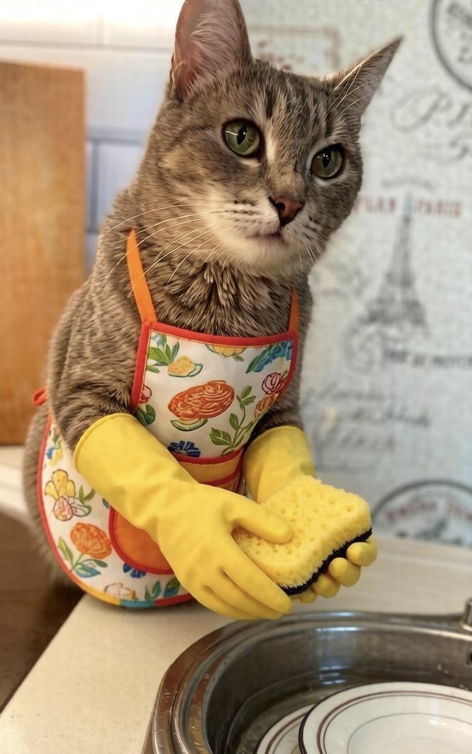Кошка моет посуду