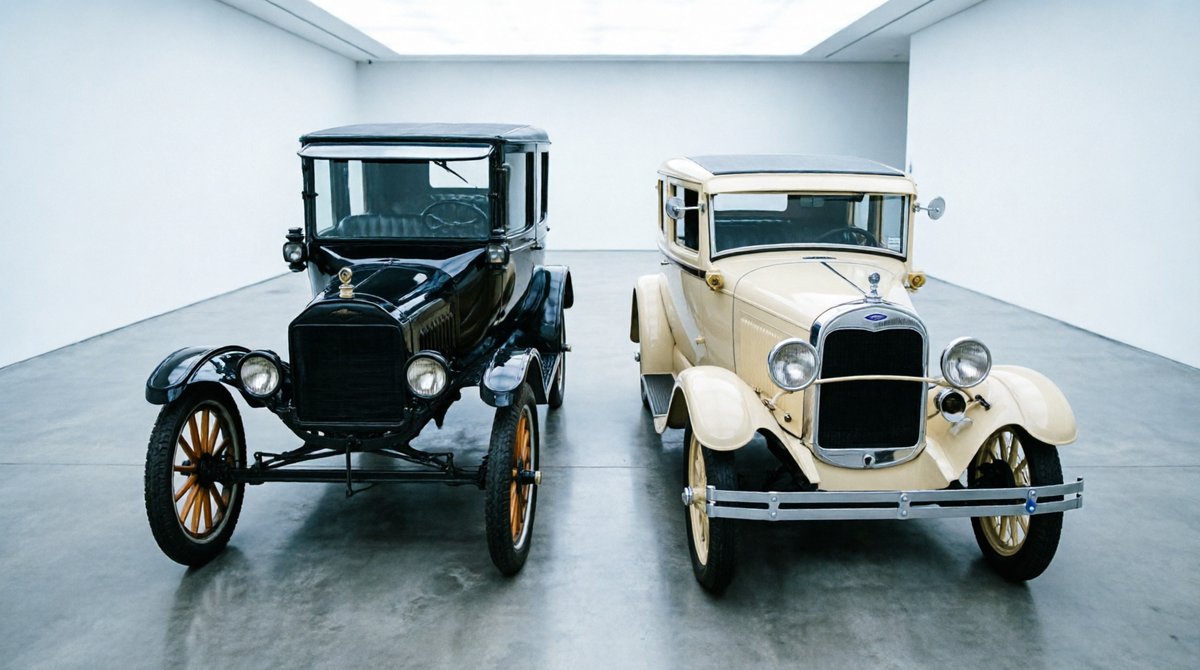Две легендарные модели Ford, стоящие в идеальной симметрии. Слева: Ford Model T чёрного цвета с характерными деревянными спицами колёс оранжевого цвета
Справа: Ford Model A кремового цвета с коричневыми крыльями и стальными дисками