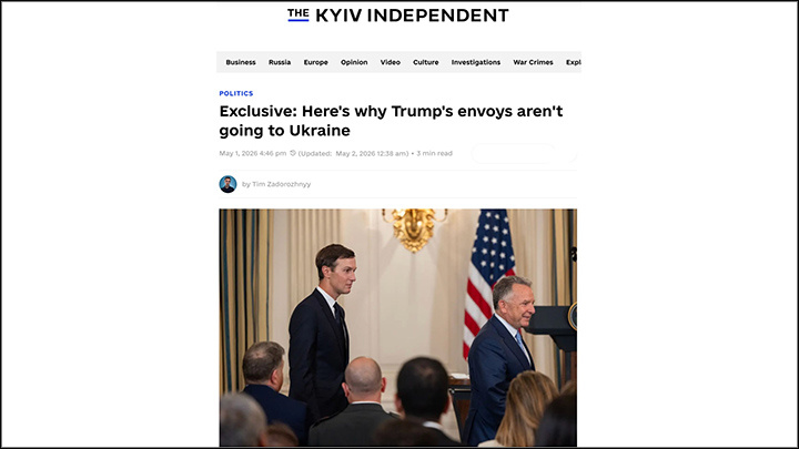    Спецпосланники США Стив Уиткофф и Джаред Кушнер отложили визит на Украину, поскольку не видят прогресса в переговорах, пишет The Kyiv Independent. Скриншот: KI
