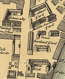 Scotland Yard на карте Лондона 1736 года