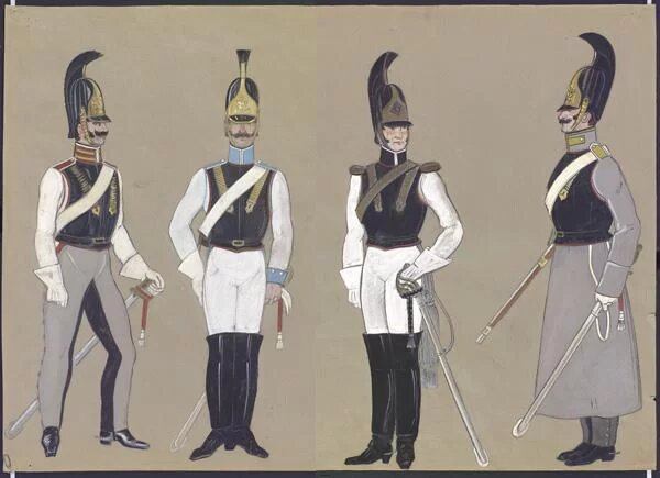 Рисунок. Эскизы костюмов к опере Сергея Прокофьева "Война и мир". Рядовой Астраханского кирасирского полка, обер-офицер Орденского кирасирского полка, рядовой кирасирского Его Величества полка , рядовой Кавалергардского полка. 1958. Вавра В. М. Картон; карандаш графитный, акварель, гуашь, тушь. Источник: Музей-панорама "Бородинская битва". Ссылка: https://panoramaborodino.museum-online.moscow/entity/OBJECT/32870?person=3185&index=17 Для справки: Рядовой Астраханского кирасирского полка изображен первым справа. Для справки: Вячеслав Михайлович Вавра (12.06.1920–11.04.1964) – художник, театральный художник, художник по костюмам, преподаватель истории военного костюма. Работа художника Вячеслава Михайловича Вавры над образами персонажей романа Л. Н. Толстого «Война и мир» началась задолго до съёмок фильма С. Ф. Бондарчука (участие в котором прославило художника больше всего). Костюмы по его эскизам были созданы для постановок оперы С. С. Прокофьева «Война и мир» на сценах Большого театра (1958–1959) и Музыкального театра К. С. Станиславского и В. И. Немировича-Данченко (1957). Ссылка: https://panoramaborodino.museum-online.moscow/entity/PERSON/3185?ysclid=morfy8bid596953927 Для справки: 12.10.1811 — генерал-майором Бороздиным 2-м в м. Усвяты Велижского уезда Витебской губернии из офицеров и нижних чинов, отделённых от лейб-кирасирского Его Величества, лейб-кирасирского Её Величества, Екатеринославского кирасирского, Рижского, Казанского, Ямбургского, Нежинского, Псковского, Московского, Финляндского и Митавского драгунских, Гродненского, Елисаветградского и Изюмского гусарских полков сформирован Астраханский кирасирский полк в составе 5-ти эскадронов (ПСЗ, XXXI, 24808). Ссылка: https://ru.wikipedia.org/wiki/Астраханский_8-й_драгунский_полк 12 октября 2026 года исполняется 215 лет со дня сформирования Астраханского кирасирского полка.
