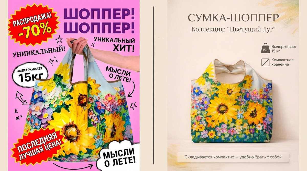 Слева — обобщенный образ типичной карточки, а не конкретный продавец