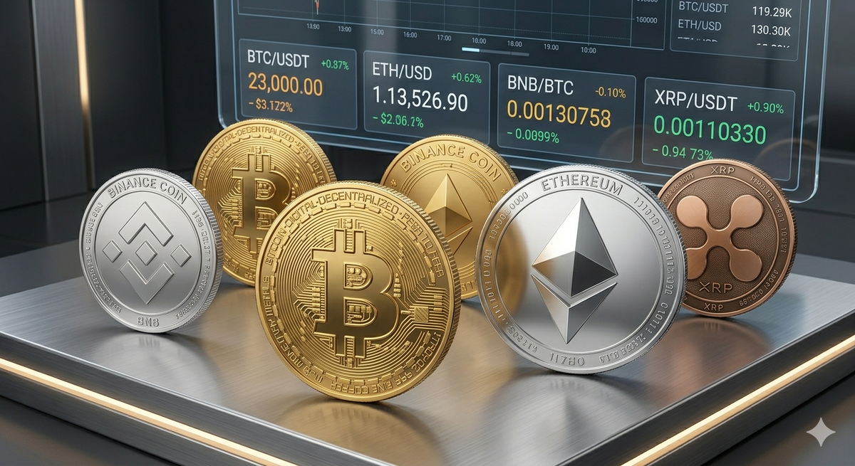 На этой иллюстрации вы можете увидеть:

Золотые монеты с логотипом Bitcoin (BTC) — самой первой и главной криптовалюты.

Серебряные монеты с символом Ethereum (ETH) — ведущей платформы для смарт-контрактов.

Монеты с логотипом Binance Coin (BNB) — нативного токена одной из крупнейших криптобирж.

Монеты с символом XRP — токена, ориентированного на быстрые межграничные платежи.

Изображение выполнено в стиле фотореалистичного 3D-рендеринга с использованием материалов, напоминающих драгоценные металлы, что подчеркивает статус этих активов.