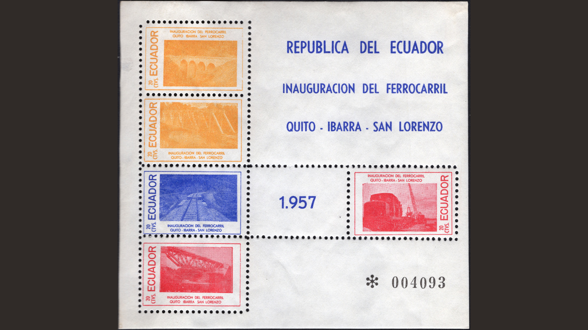 1. Эквадор, 1957 год, блок Bl 5 (120 х 109 мм). Открытие железной дороги Кито - Ибарра - Сан-Лоренцо.
