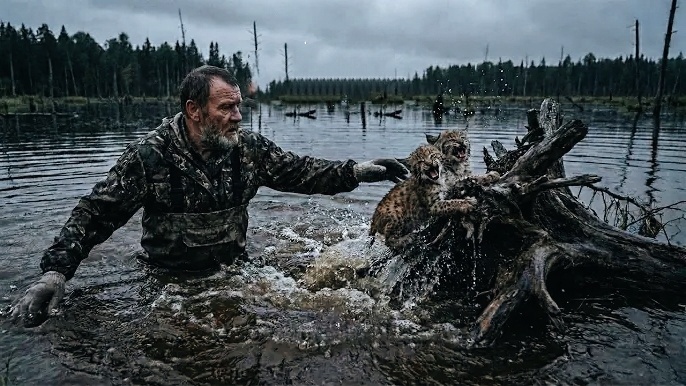 Рыбак Илья ставил сети и увидел двух рысят, которые спасались от воды на бревне . Он спас их. А они поблагодарили когда это было нужно