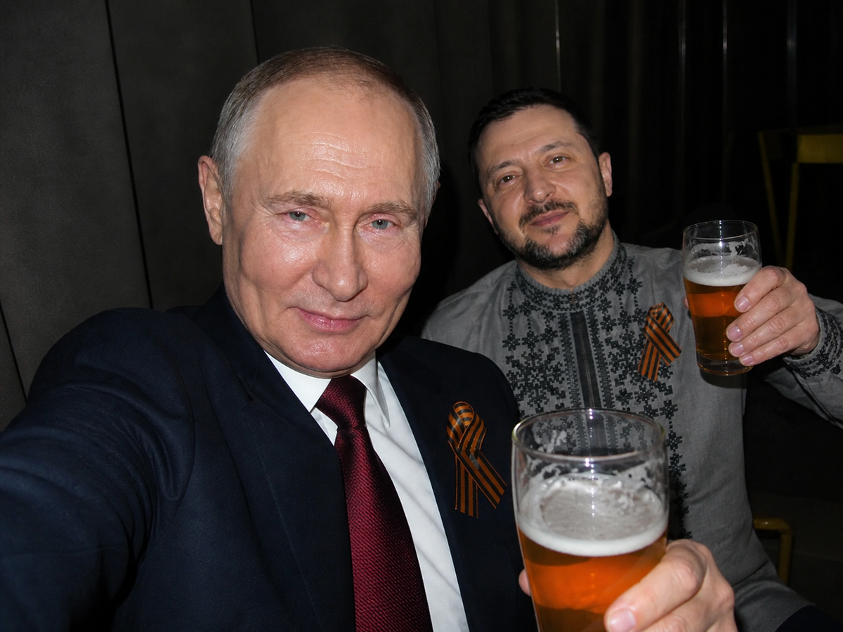 Путин с Зеленским пьют пиво, нейросеть