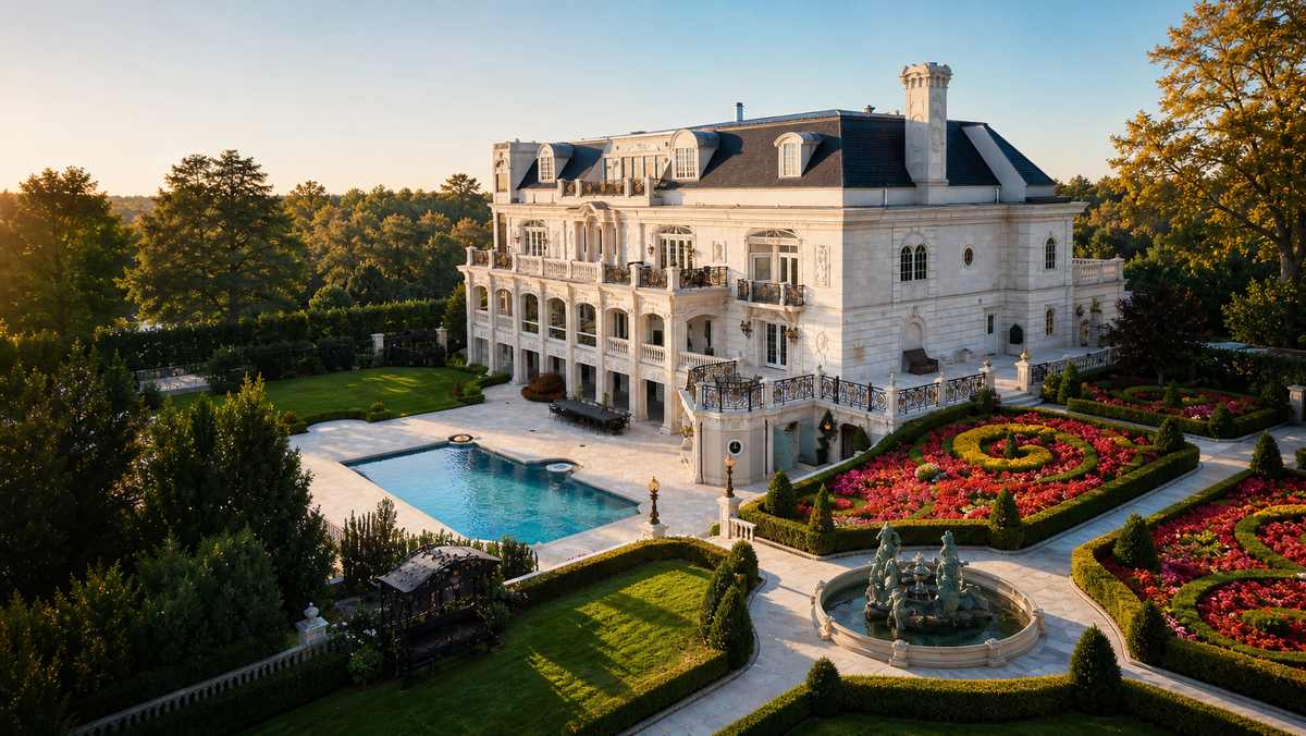 Фасад особняка на 177 Benedict Road, Todt Hill, Статен-Айленд — белые колонны, круговая подъездная аллея, фонтан. Вид с улицы.