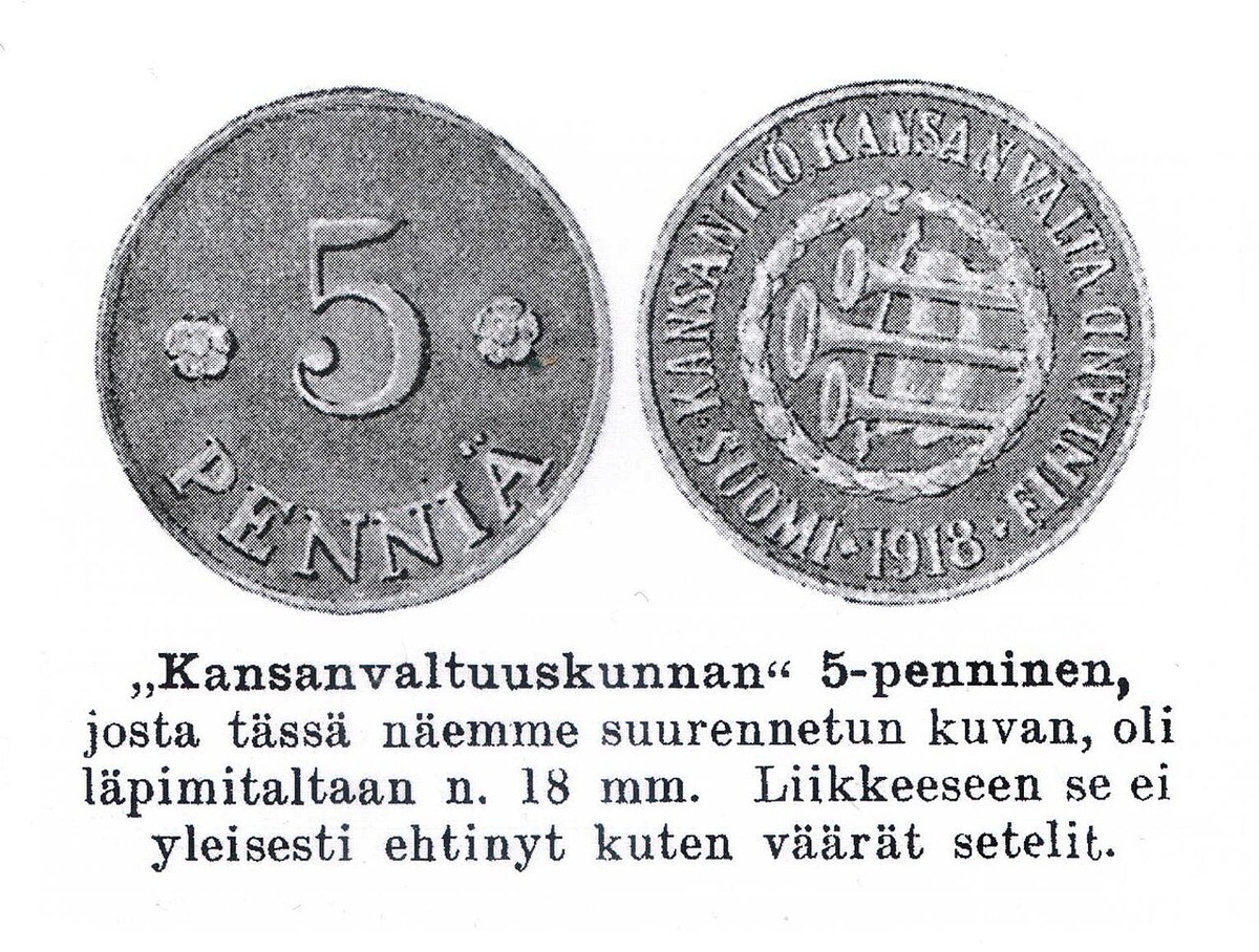 5 пенни Финляндии 1918 года ("трубы"). Изображение отсюда: commons.wikimedia.org. Изображение находится в общественном достоянии, его автор неизвестен  