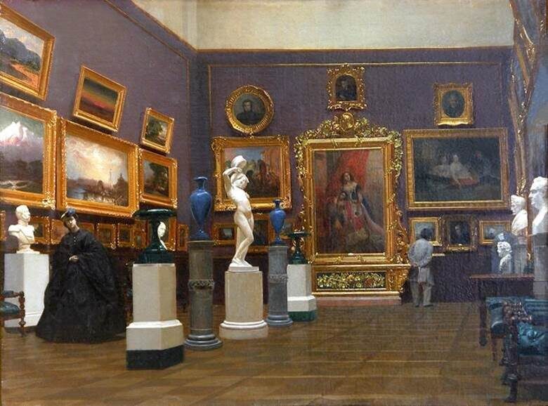 Гребнев Александр Николаевич (1842 -?) «Интерьер картинной галереи В. А. Кокорева» (1864).