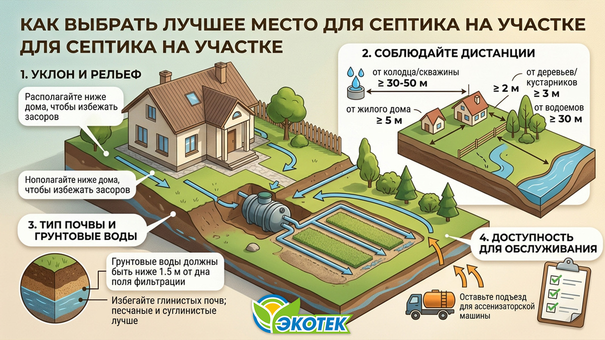 Как определить лучшее место для септика на участке? Экотек