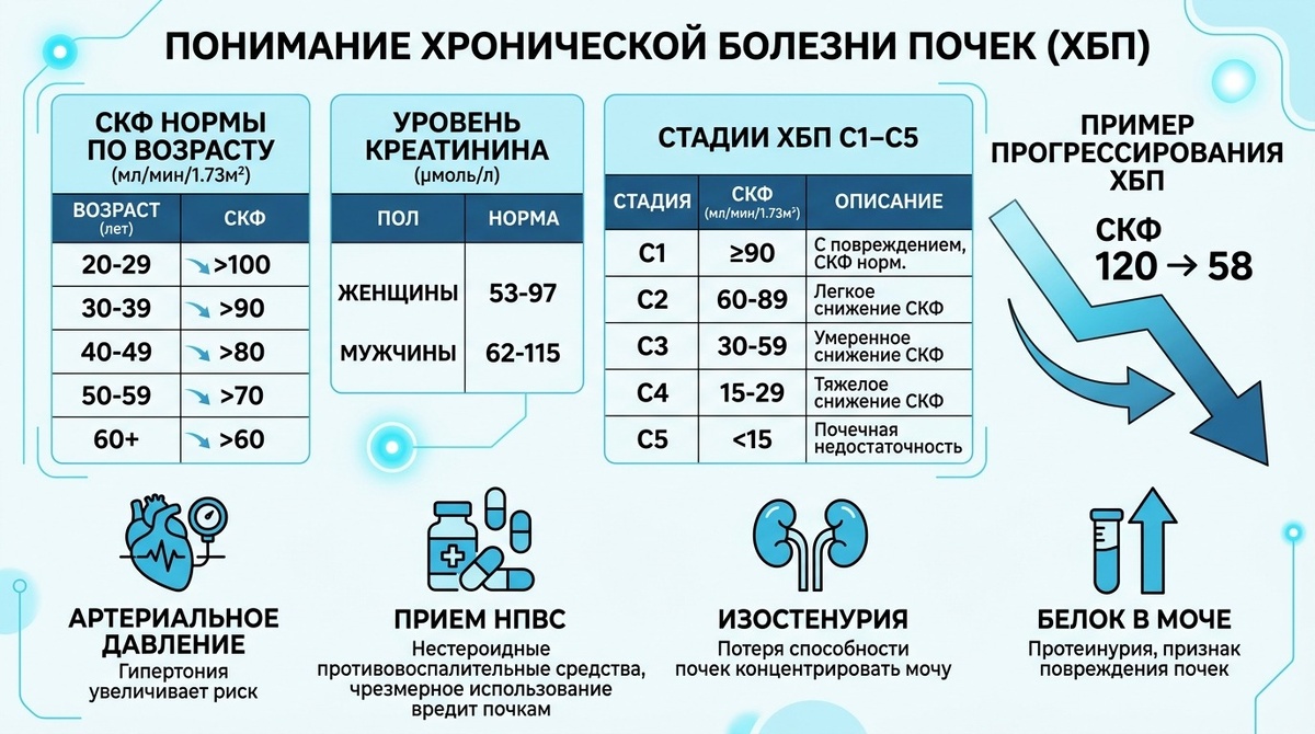 У пожилых верхняя граница нормы креатинина чуть выше, потому что выведение замедляется