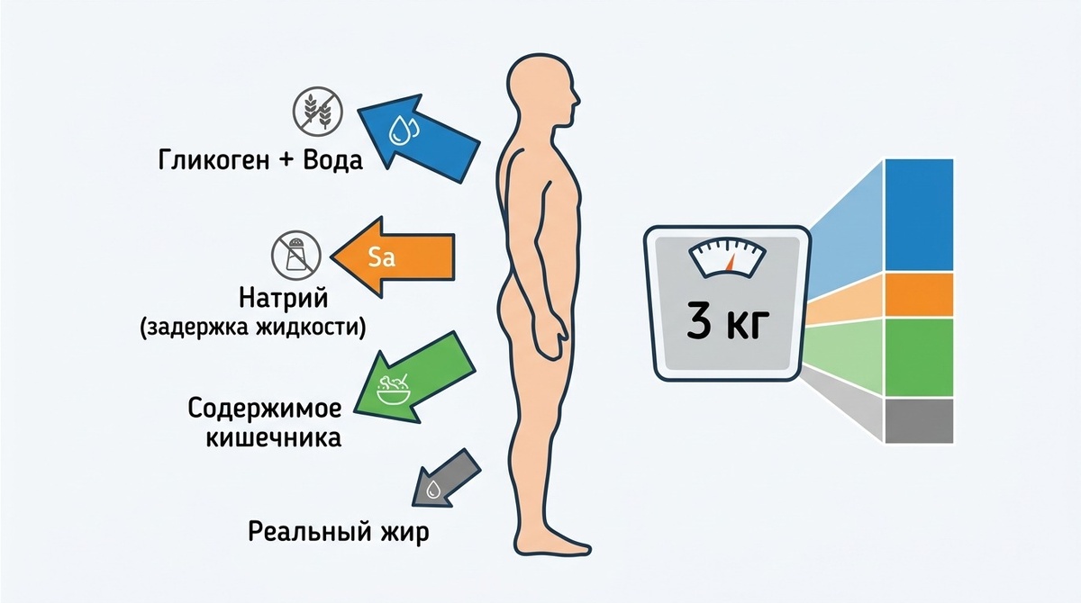 Остальное – вода, гликоген и непереваренная пища. И вот эти «фантомные» 2 кг как раз и уходят сами за 4-5 дней