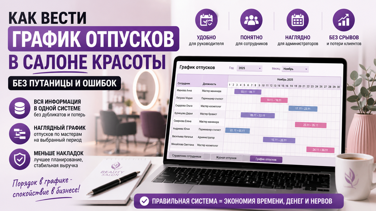Простая логика из трёх блоков помогает вести график отпусков без ошибок и держать под контролем загрузку салона.