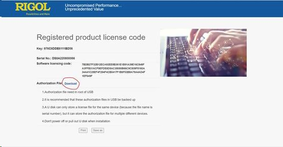 Нажимаете кнопку Generate и получаете код активации (License) для ввода в сам прибор. Данный код можно распечатать и вводить вручную, но лучше сразу сохранить на USB накопитель. Сохранение происходит в корневой директории USB-накопителя в файле с расширением ".lic".

Важно! Для скачивания на USB-накопитель надо нажать Download, а не Save As!



На одном USB-накопителе может быть только один файл ".lic"!