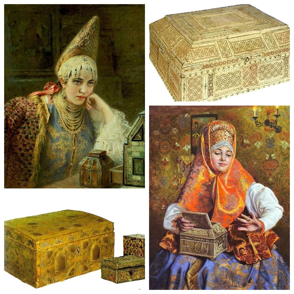На картине К. Маковского перед боярыней на столе - ларчик-терем / Костяной ларец 18 в. (коллекция РИАМЗ) / похожий костяной ларчик на картине А. Левченкова / Ларец и шкатулки 17-18 вв. (коллекция РИАМЗ) 