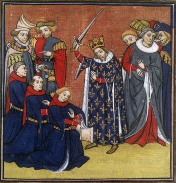 Церемония посвящения в рыцари Иоанном II. Миниатюра XIV—XV в. Париж, Национальная библиотека Франции