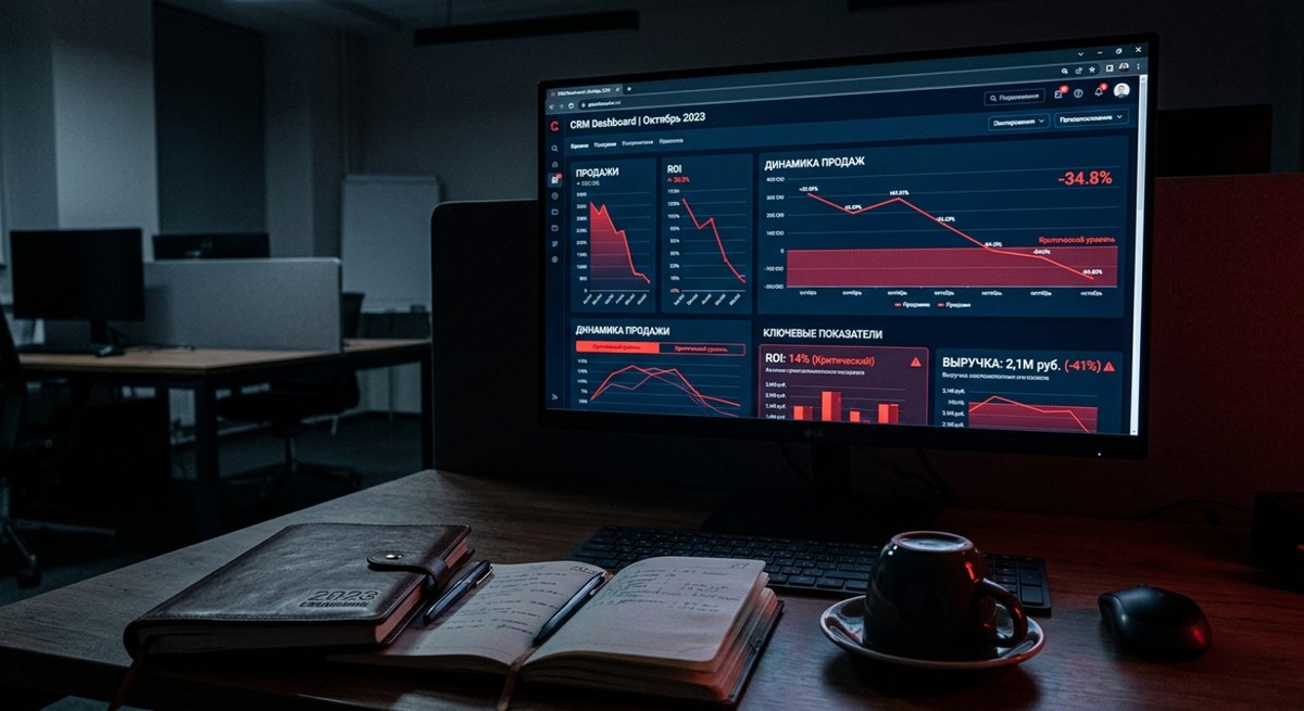 Экран монитора с падающими графиками продаж и открытой CRM-системой в темном офисе.