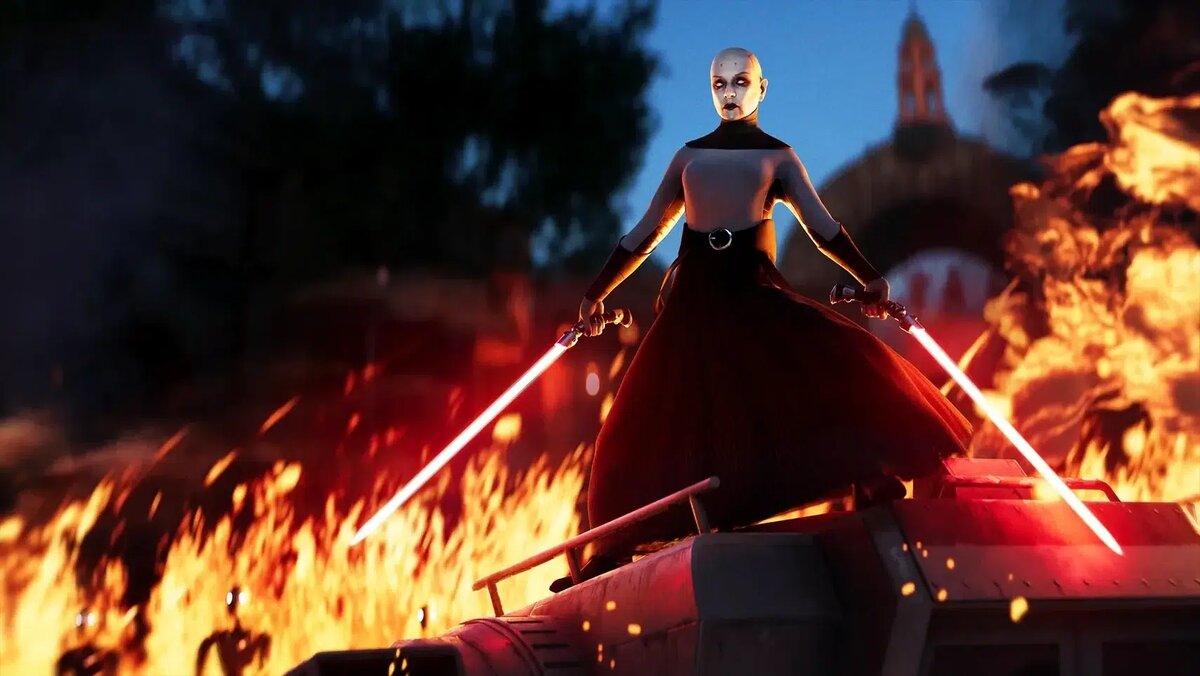    A bald, pale-faced warrior with two red lightsabers stands atop a burning vehicle amid blazing flames and smoke at dusk/dawn.