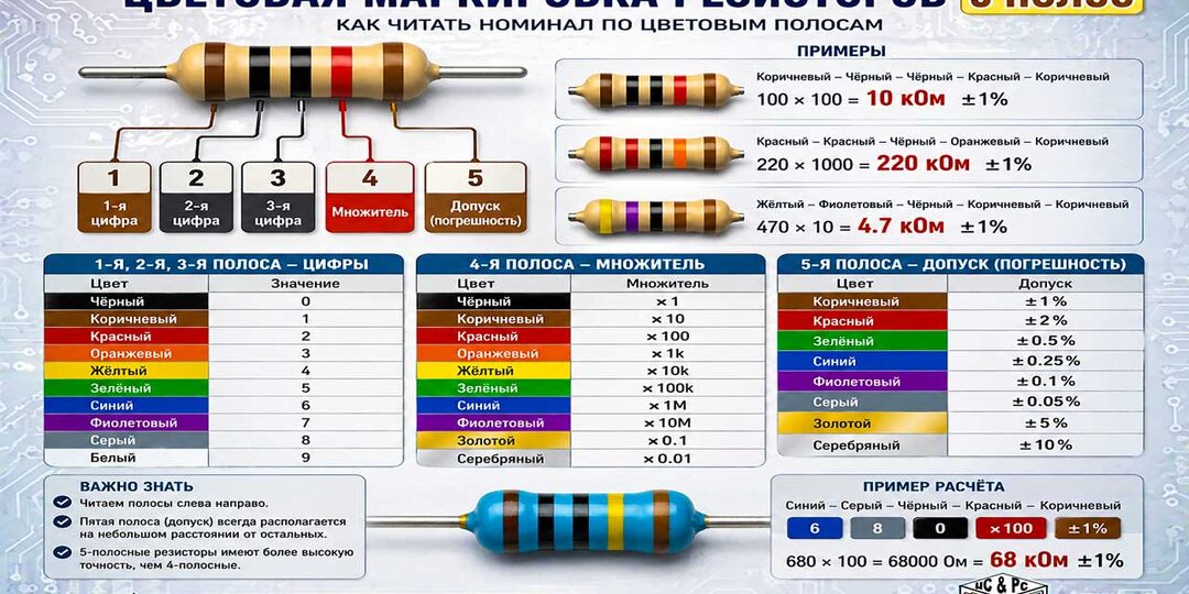 Цветовая маркировка резисторов (5 полос): как правильно читать номинал
