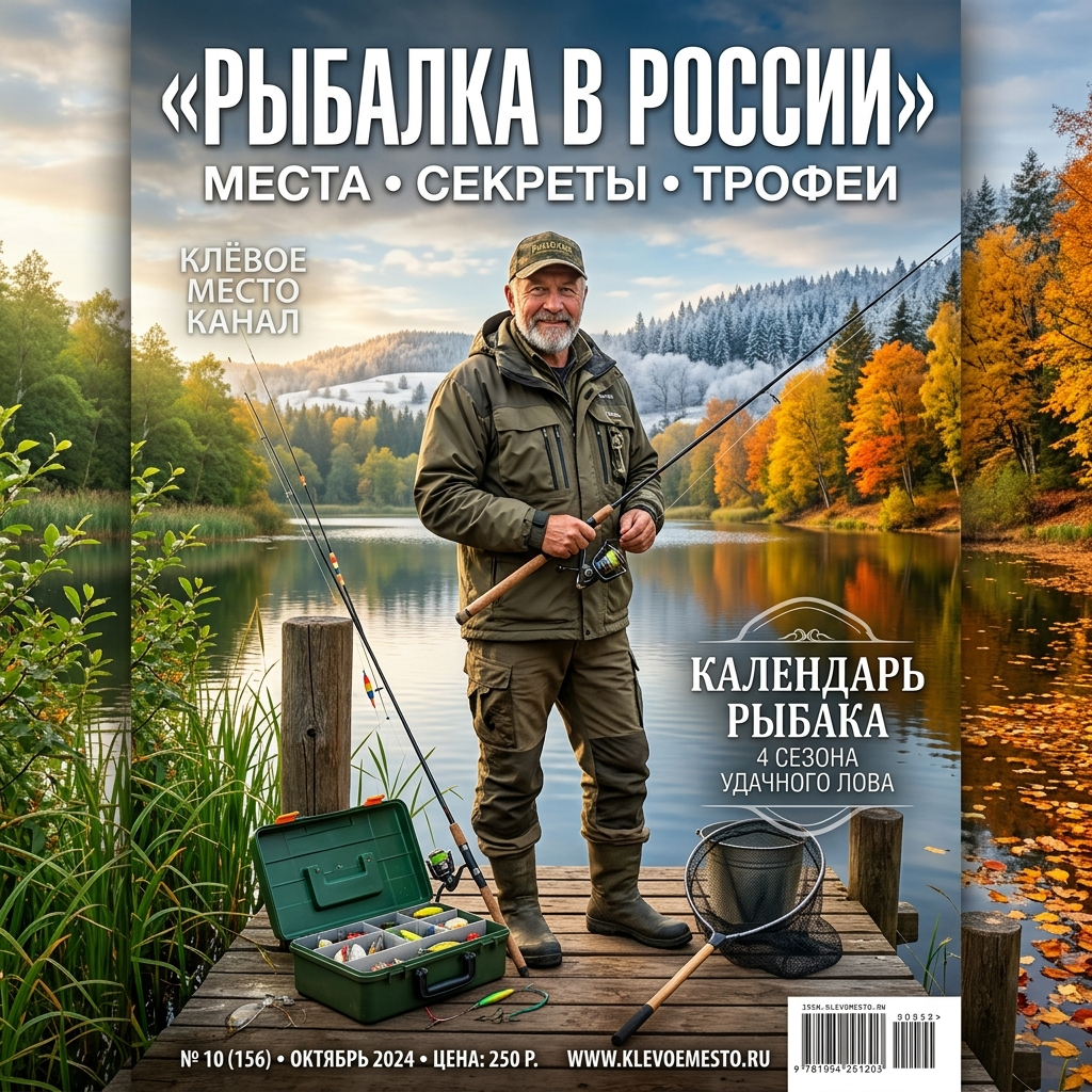 Рыболовный календарь по сезонам с рыбаком на берегу и снастями