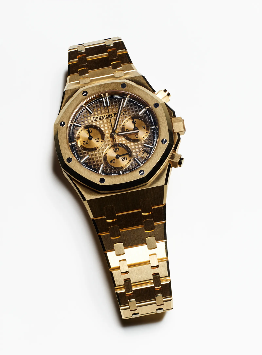 Часы с автоматическим хронографом Royal Oak, 41 мм, из 18-каратного желтого золота с большим гобеленовым циферблатом и дымчатым циферблатом