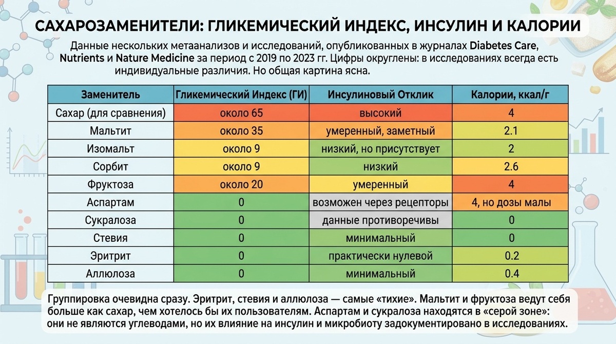 Эритрит, стевия, аллюлоза работают тише всех. Мальтит и фруктоза ведут себя ближе к сахару, чем хотелось бы их любителям